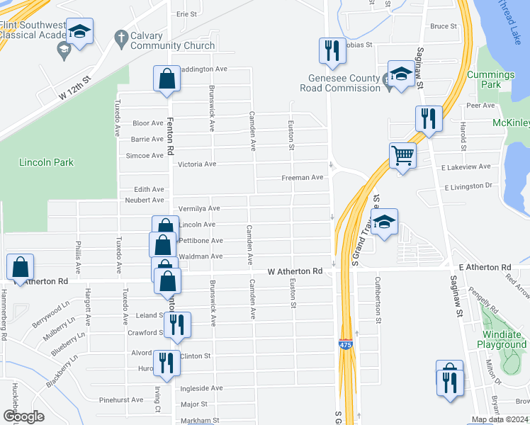 map of restaurants, bars, coffee shops, grocery stores, and more near 733 Vermilya Avenue in Flint