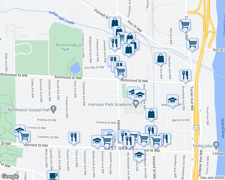 map of restaurants, bars, coffee shops, grocery stores, and more near 818 Norbert Street Northwest in Grand Rapids