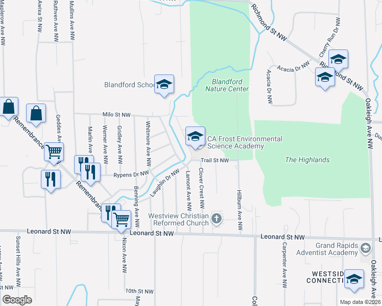 map of restaurants, bars, coffee shops, grocery stores, and more near 1479 Laughlin Drive Northwest in Grand Rapids