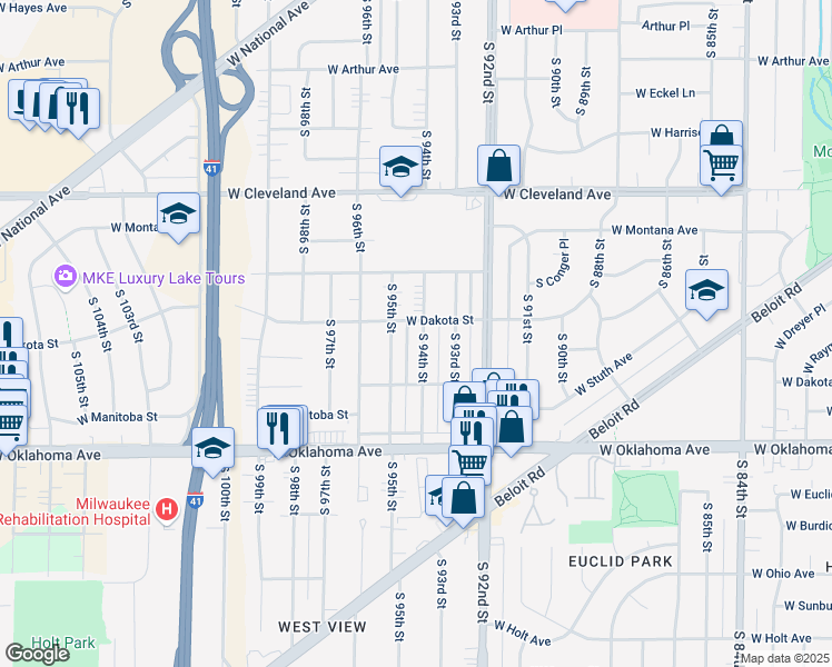 map of restaurants, bars, coffee shops, grocery stores, and more near 2915 South 94th Street in West Allis