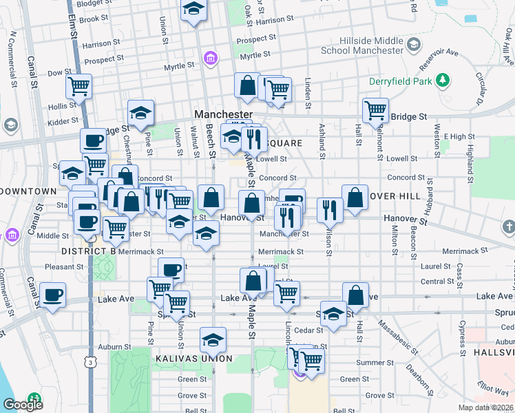 map of restaurants, bars, coffee shops, grocery stores, and more near 453 Maple Street in Manchester