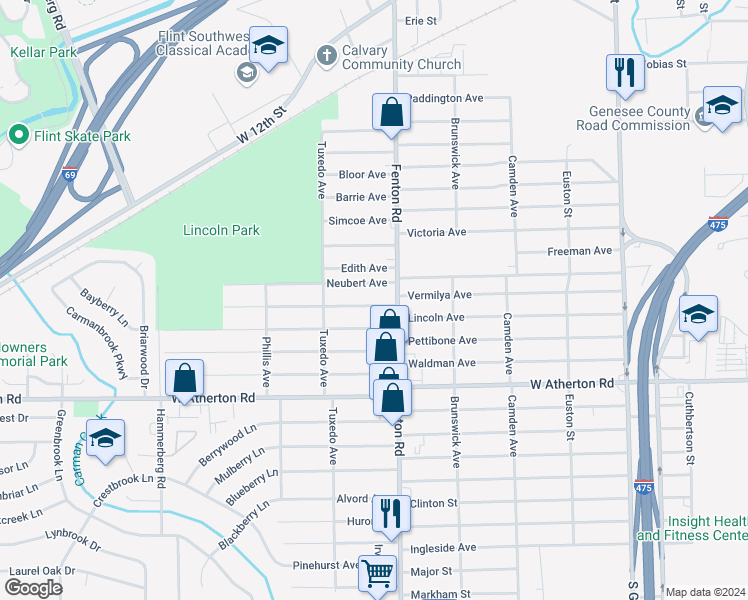 map of restaurants, bars, coffee shops, grocery stores, and more near 1024 Vermilya Avenue in Flint