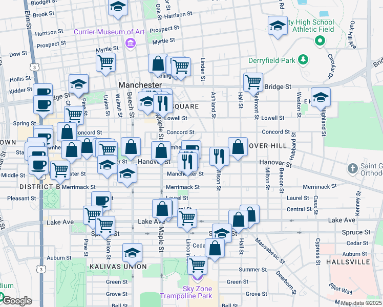 map of restaurants, bars, coffee shops, grocery stores, and more near 553 Lincoln Street in Manchester