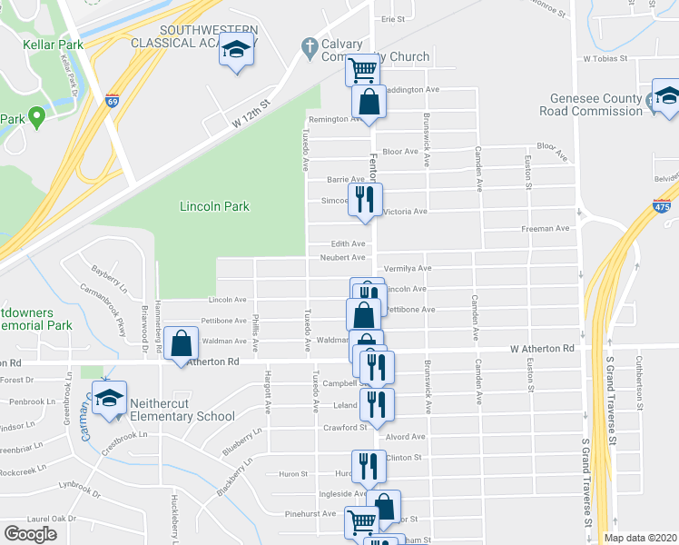 map of restaurants, bars, coffee shops, grocery stores, and more near 1102 Vermilya Avenue in Flint