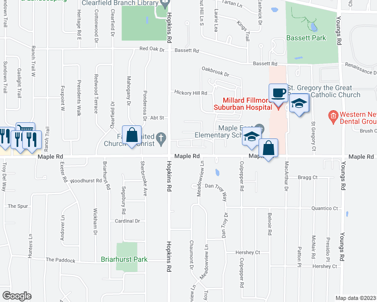 map of restaurants, bars, coffee shops, grocery stores, and more near 1350 Maple Road in Buffalo