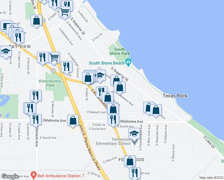 map of restaurants, bars, coffee shops, grocery stores, and more near 2893 South Delaware Avenue in Milwaukee