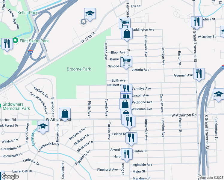 map of restaurants, bars, coffee shops, grocery stores, and more near 1122 Vermilya Avenue in Flint