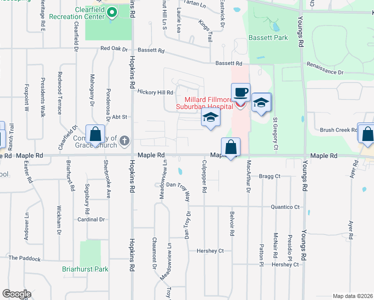 map of restaurants, bars, coffee shops, grocery stores, and more near 1420 Maple Road in Buffalo