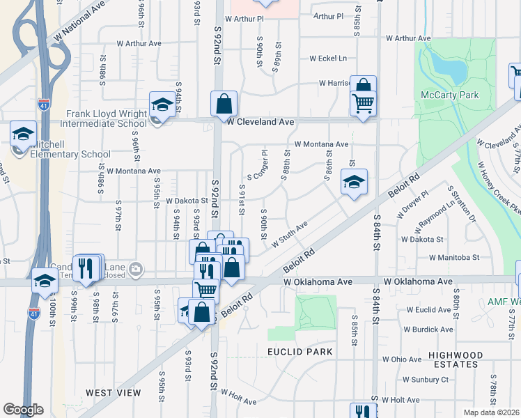 map of restaurants, bars, coffee shops, grocery stores, and more near 2921 South 90th Street in West Allis