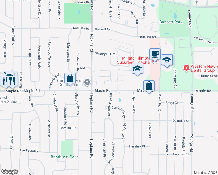 map of restaurants, bars, coffee shops, grocery stores, and more near 1380 Maple Road in Buffalo