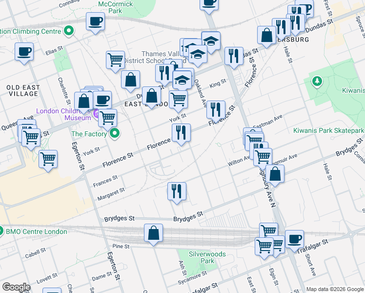 map of restaurants, bars, coffee shops, grocery stores, and more near 1188 Frances Street in London