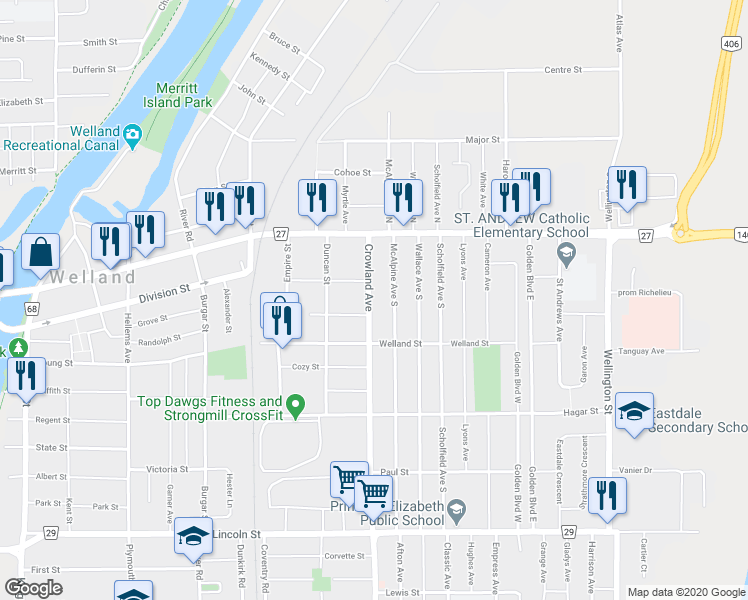 map of restaurants, bars, coffee shops, grocery stores, and more near 74 Crowland Avenue in Welland