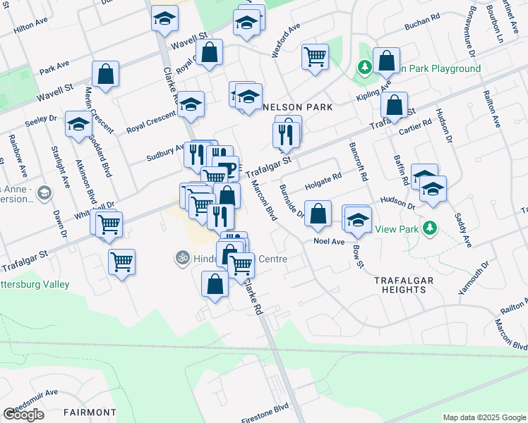 map of restaurants, bars, coffee shops, grocery stores, and more near 179 Marconi Boulevard in London