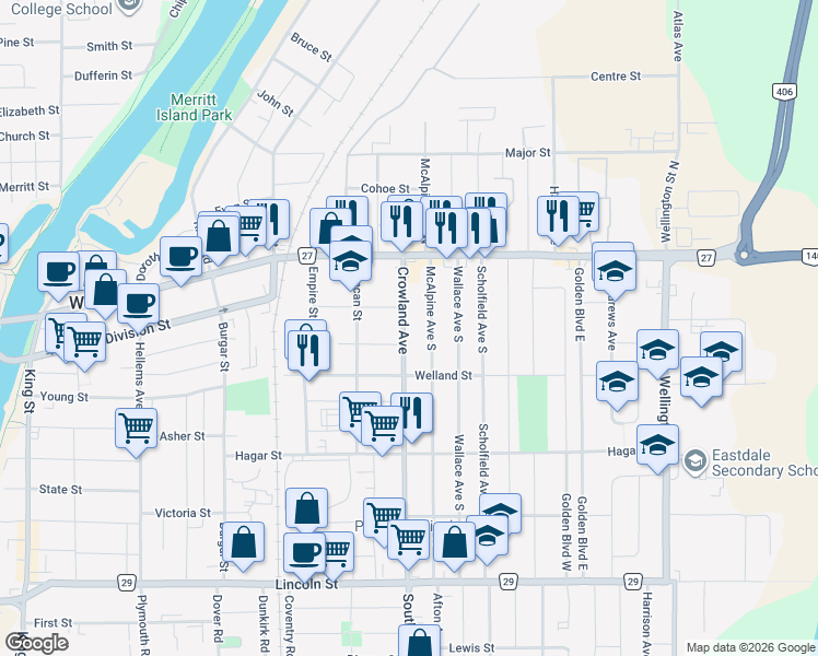 map of restaurants, bars, coffee shops, grocery stores, and more near 74 Crowland Avenue in Welland