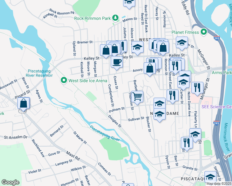 map of restaurants, bars, coffee shops, grocery stores, and more near 111 Monitor Street in Manchester