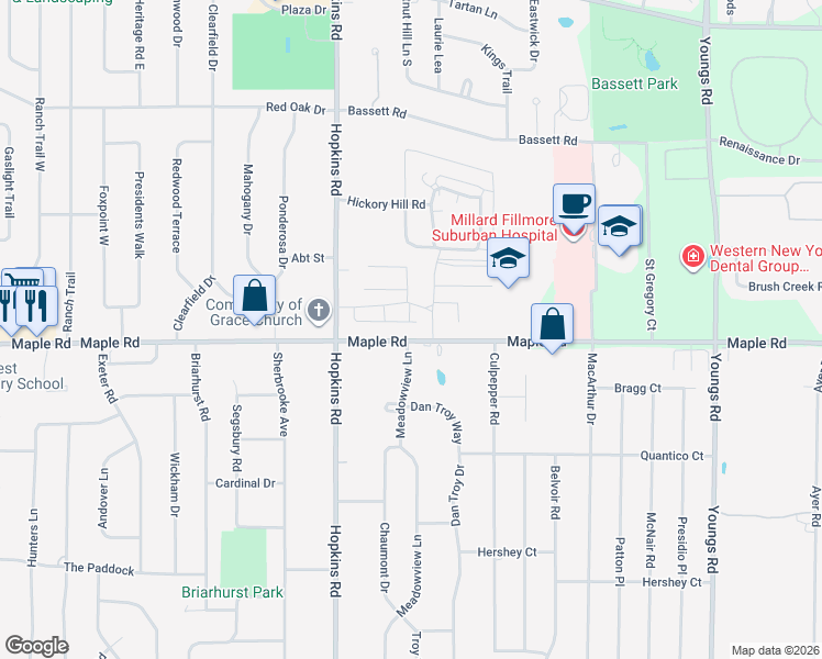 map of restaurants, bars, coffee shops, grocery stores, and more near 1380 Maple Road in Buffalo