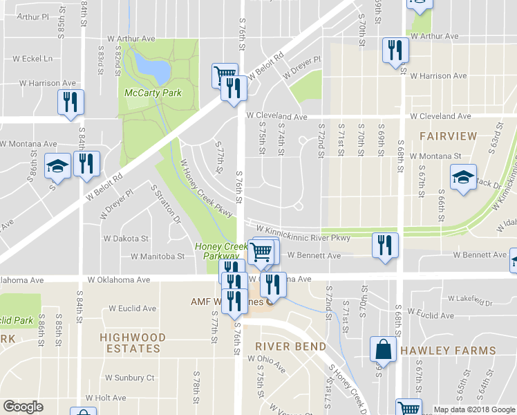 map of restaurants, bars, coffee shops, grocery stores, and more near 7501 West Dakota Street in West Allis
