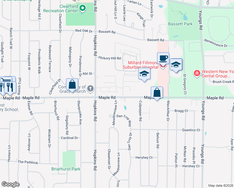 map of restaurants, bars, coffee shops, grocery stores, and more near 1380 Maple Road in Buffalo