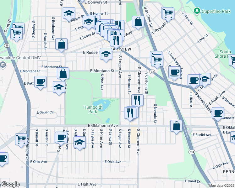 map of restaurants, bars, coffee shops, grocery stores, and more near 2933 South Logan Avenue in Milwaukee