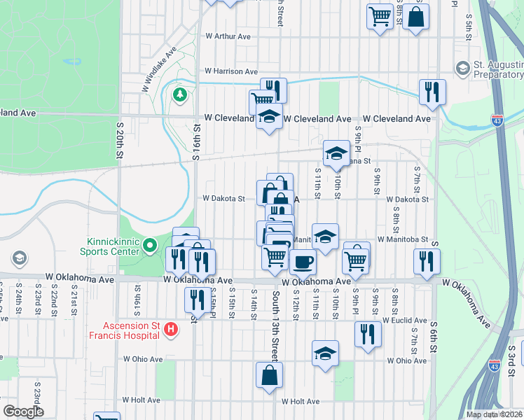 map of restaurants, bars, coffee shops, grocery stores, and more near 2920 South 14th Street in Milwaukee