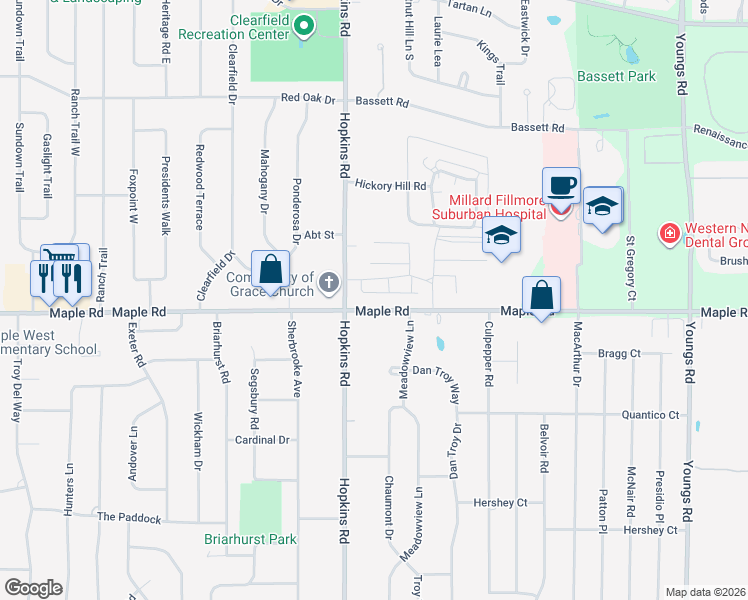 map of restaurants, bars, coffee shops, grocery stores, and more near 1350 Maple Road in Buffalo