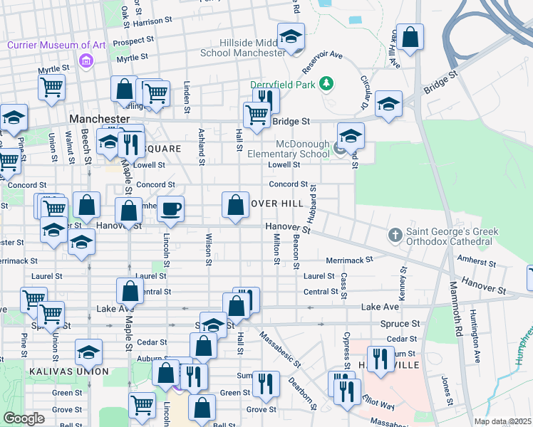 map of restaurants, bars, coffee shops, grocery stores, and more near 557 Belmont Street in Manchester