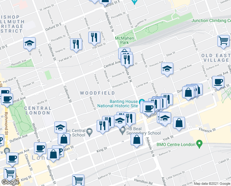 map of restaurants, bars, coffee shops, grocery stores, and more near 514 William Street in London
