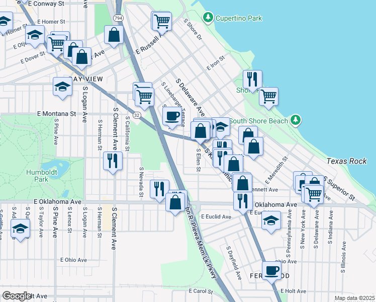 map of restaurants, bars, coffee shops, grocery stores, and more near 2834 South Linebarger Terrace in Milwaukee