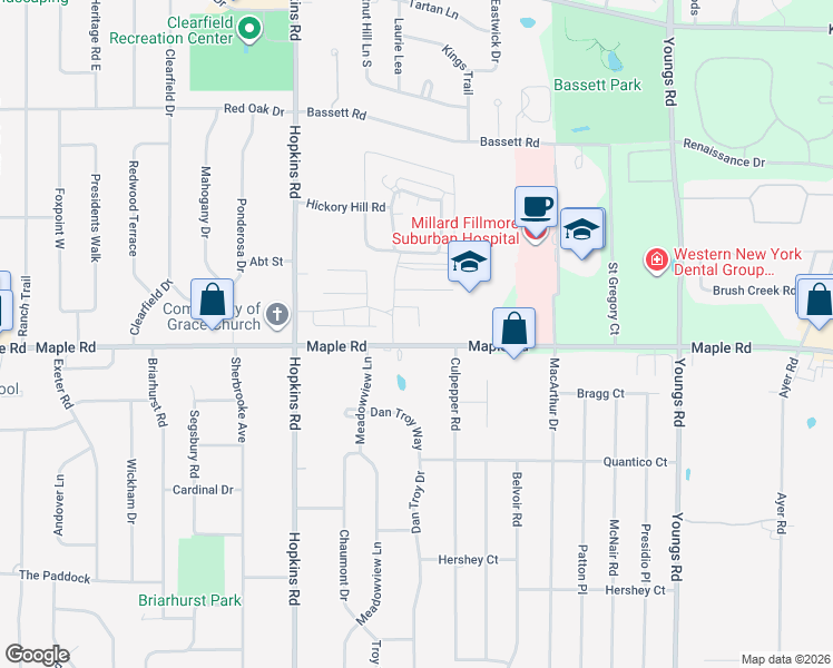 map of restaurants, bars, coffee shops, grocery stores, and more near 1420 Maple Road in Buffalo