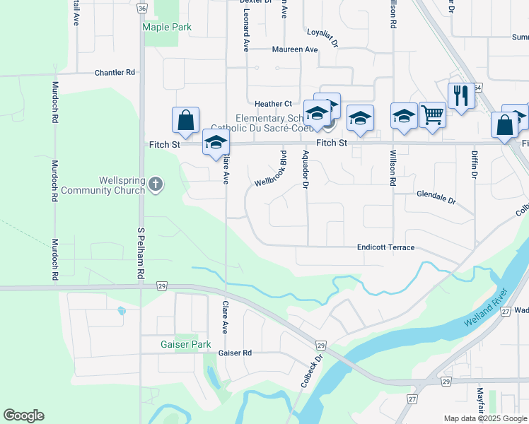 map of restaurants, bars, coffee shops, grocery stores, and more near 67 Calla Terrace in Welland