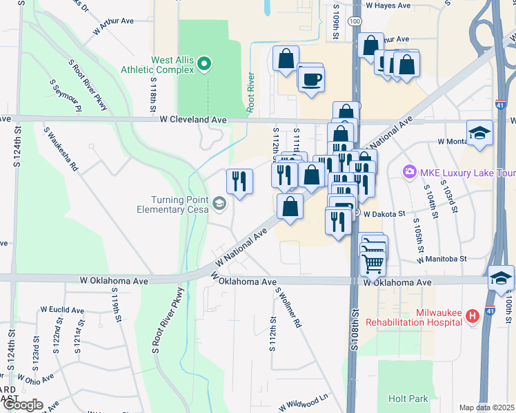map of restaurants, bars, coffee shops, grocery stores, and more near 11202 West National Avenue in West Allis