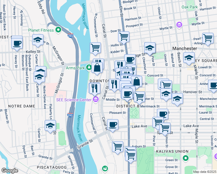 map of restaurants, bars, coffee shops, grocery stores, and more near 110 Stark Street in Manchester