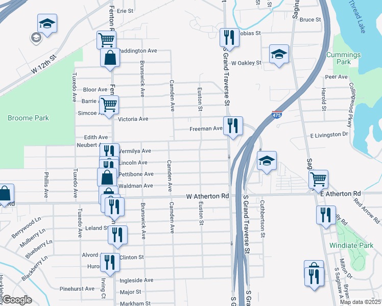 map of restaurants, bars, coffee shops, grocery stores, and more near 715 Vermilya Avenue in Flint