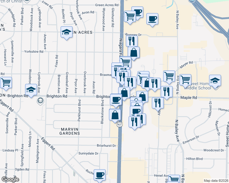 map of restaurants, bars, coffee shops, grocery stores, and more near 17 Glenhurst Rd in Tonawanda