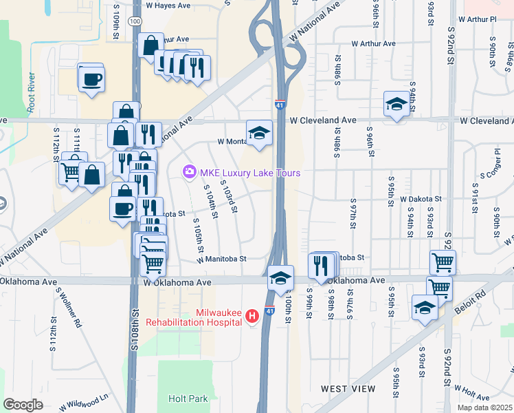 map of restaurants, bars, coffee shops, grocery stores, and more near 2922 South 102nd Street in West Allis