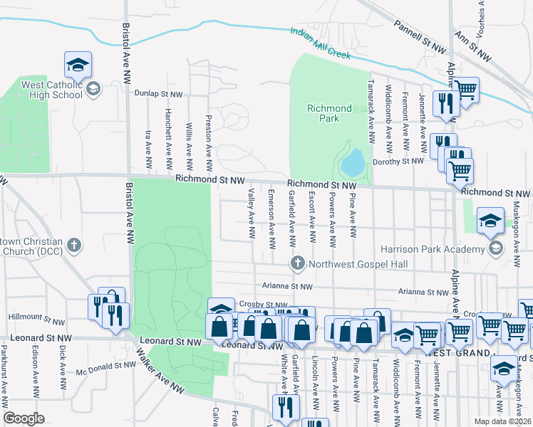 map of restaurants, bars, coffee shops, grocery stores, and more near 1513 Emerson Ave NW in Grand Rapids