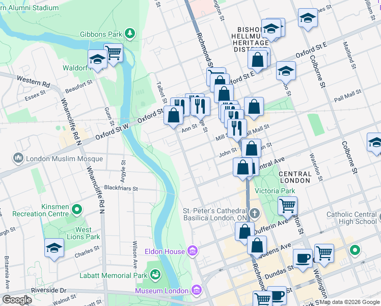 map of restaurants, bars, coffee shops, grocery stores, and more near 123 Mill Street in London