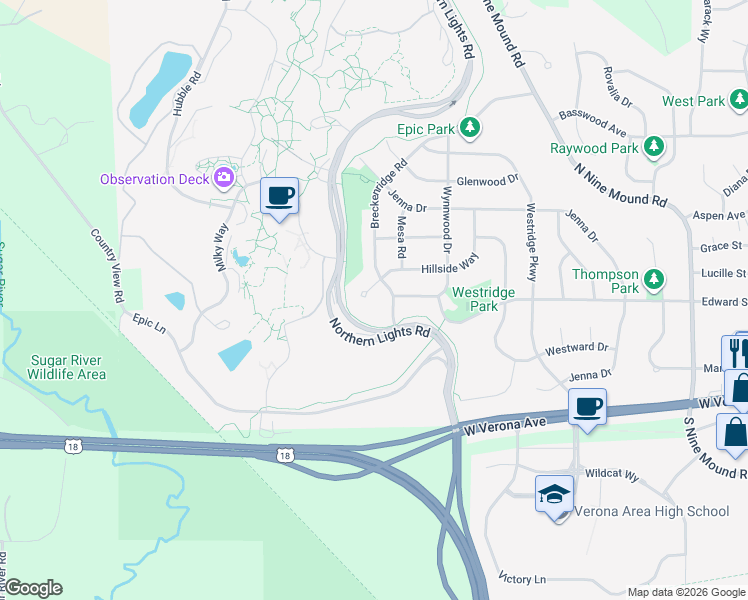 map of restaurants, bars, coffee shops, grocery stores, and more near 1013 Hillside Circle in Verona