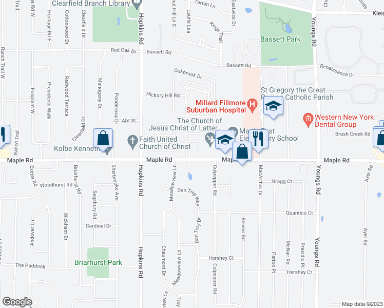 map of restaurants, bars, coffee shops, grocery stores, and more near 1410 Maple Road in Buffalo
