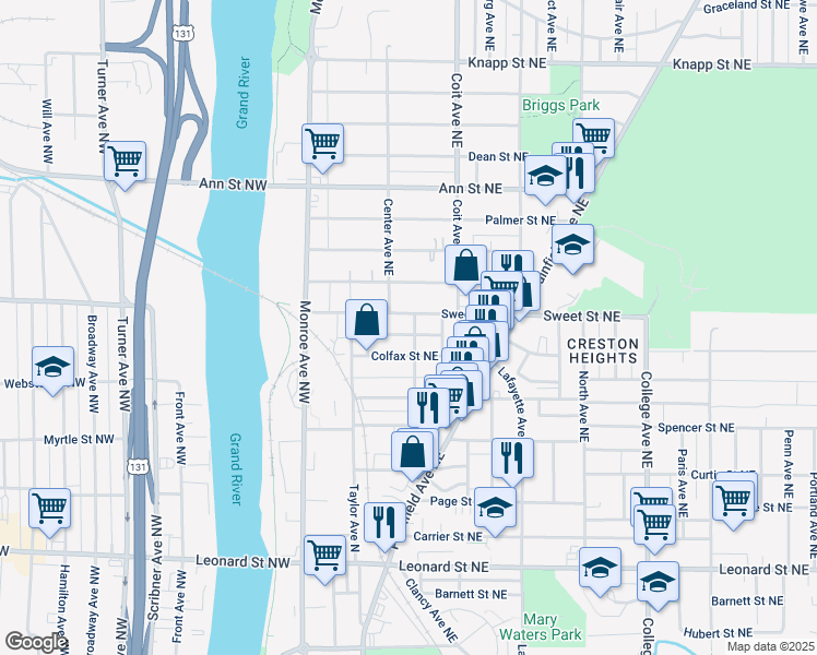 map of restaurants, bars, coffee shops, grocery stores, and more near 1571 Queen Avenue Northeast in Grand Rapids