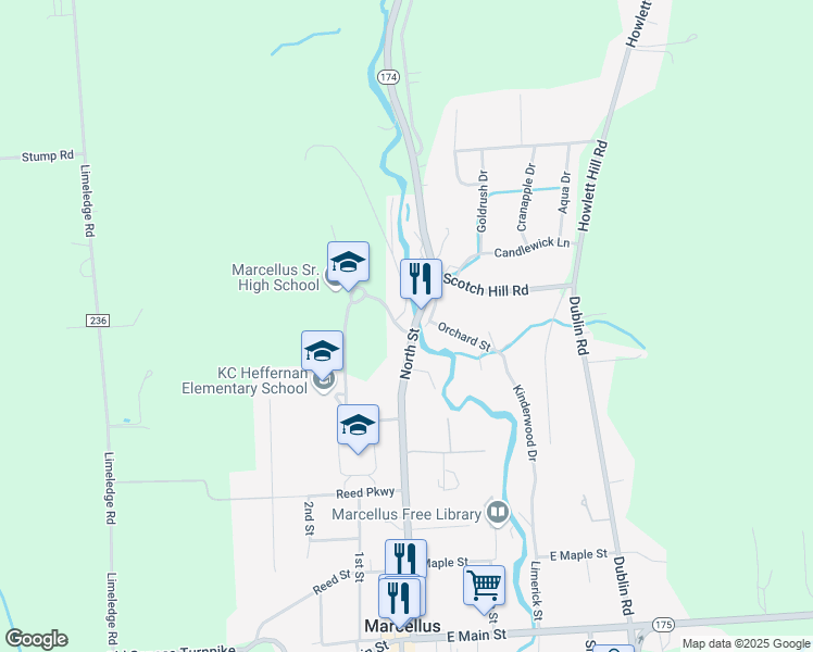 map of restaurants, bars, coffee shops, grocery stores, and more near 1 Mustang Hill in Marcellus