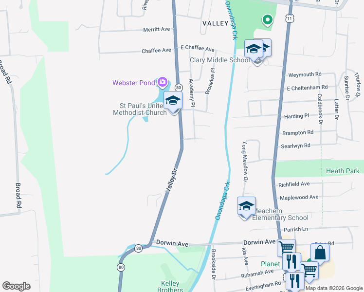 map of restaurants, bars, coffee shops, grocery stores, and more near 2321 Valley Dr in Syracuse