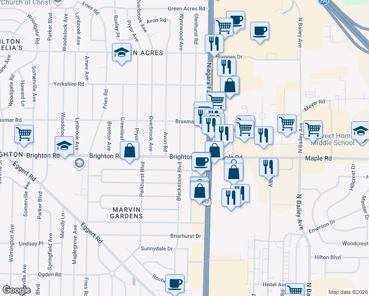 map of restaurants, bars, coffee shops, grocery stores, and more near 17 Wynnwood Avenue in Tonawanda