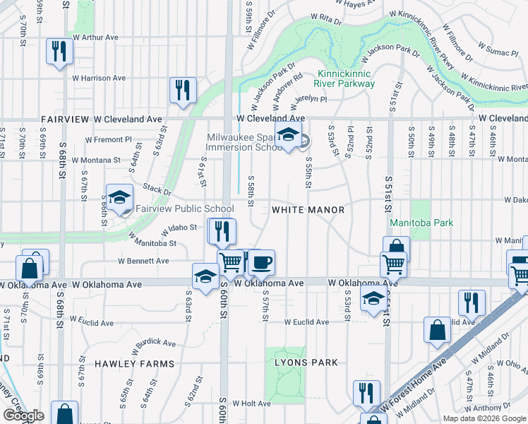 map of restaurants, bars, coffee shops, grocery stores, and more near 2923 South 57th Street in Milwaukee