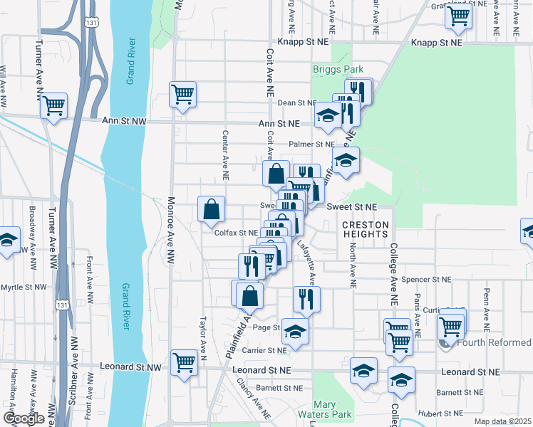 map of restaurants, bars, coffee shops, grocery stores, and more near 1571 Coit Avenue Northeast in Grand Rapids