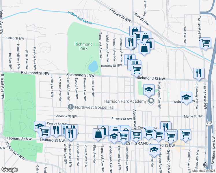 map of restaurants, bars, coffee shops, grocery stores, and more near 1523 Widdicomb Avenue Northwest in Grand Rapids