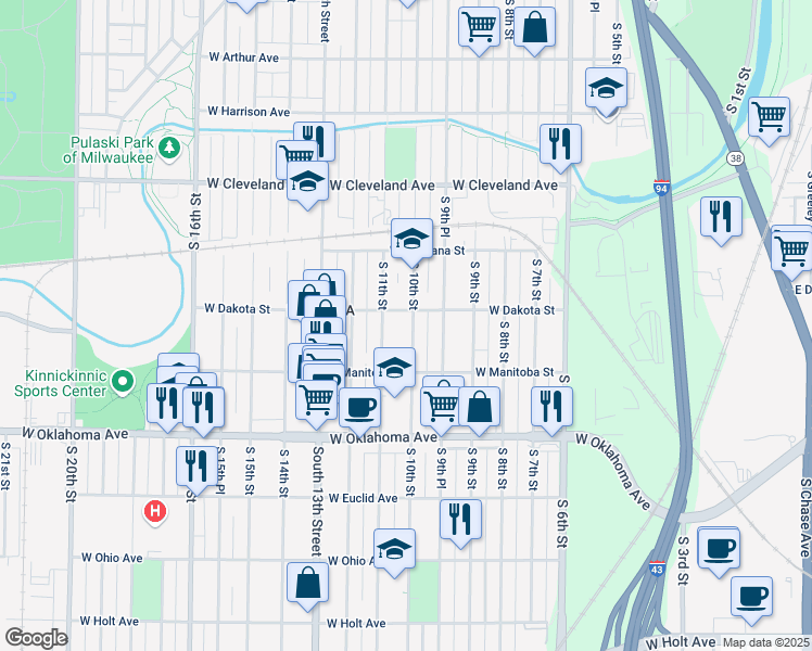 map of restaurants, bars, coffee shops, grocery stores, and more near 2917 South 10th Street in Milwaukee