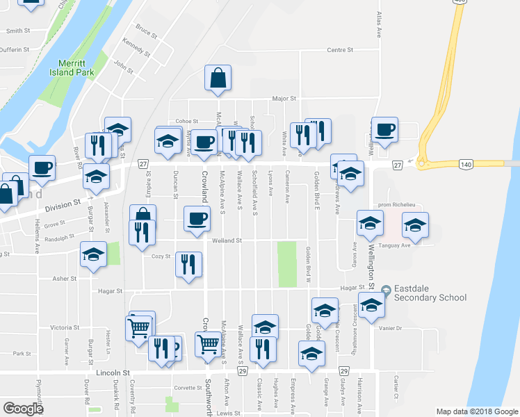 map of restaurants, bars, coffee shops, grocery stores, and more near 84 Scholfield Avenue South in Welland