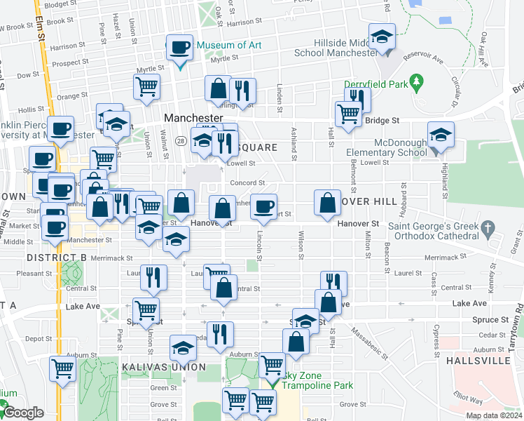 map of restaurants, bars, coffee shops, grocery stores, and more near 554 Lincoln Street in Manchester