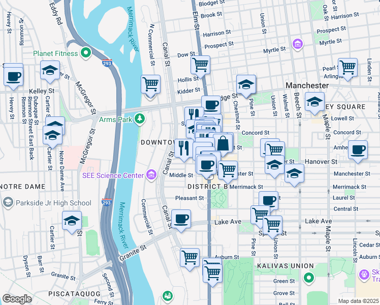 map of restaurants, bars, coffee shops, grocery stores, and more near 61 Stark Street in Manchester